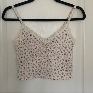 White and pink ditsy floral ribbed cropped lace-trim cotton stretch cami